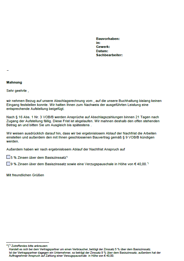Mahnung Einer Abschlagsrechnung Voo Sofort Download