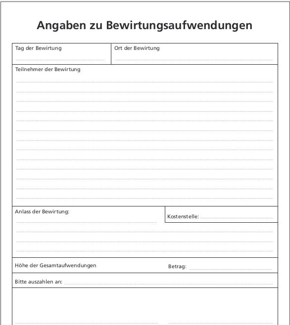 Mit diesem Formular fällt es Ihnen leicht, ihre Bewirtungskosten übersichtlich zusammenzutragen.