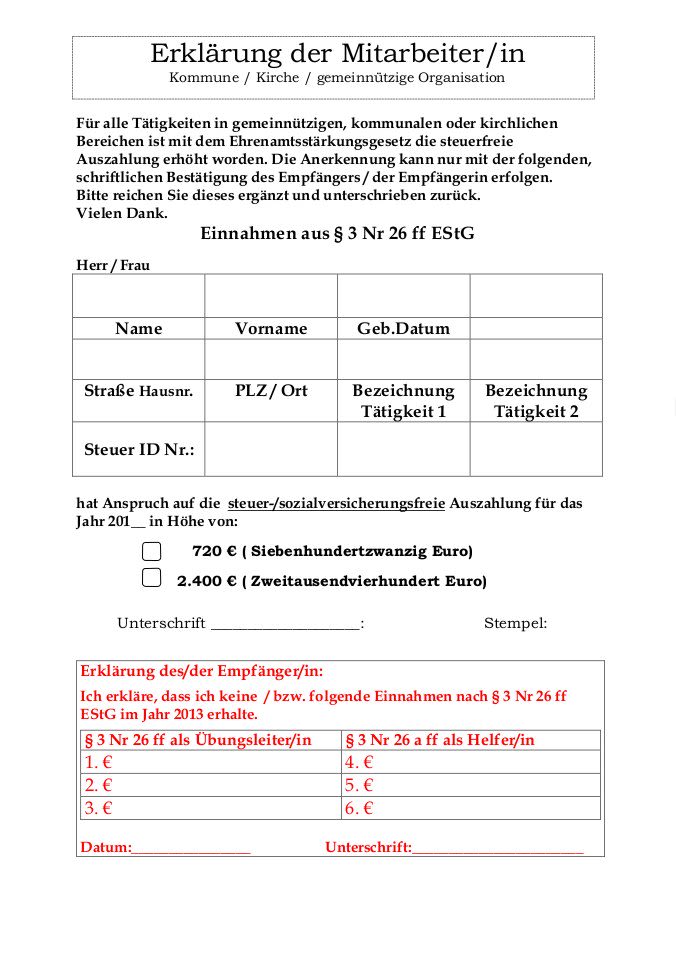 Der Vordruck enthält die Erklärung vom ehrenamtlichen Mitarbeiter im Verein zum Erhalt seiner Ehrenamtspauschale.