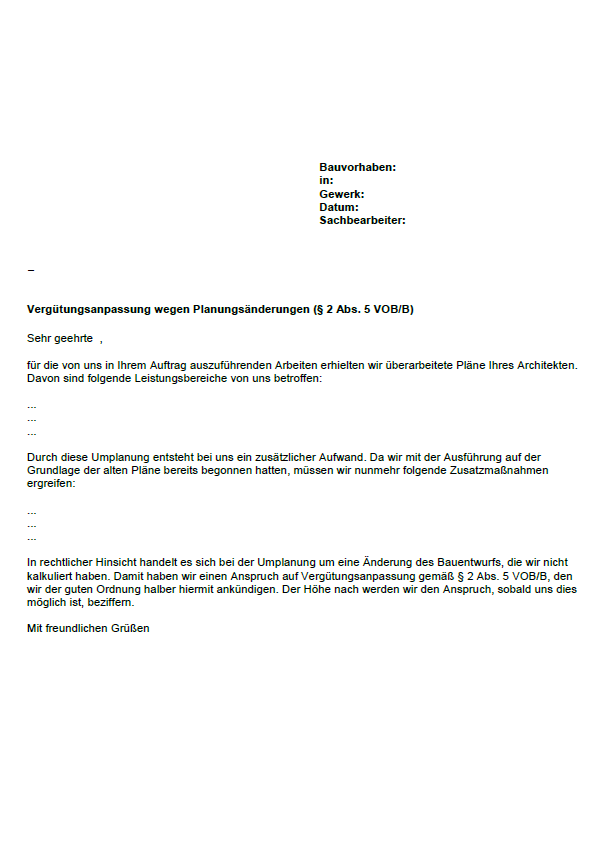 Nachtrag Wegen Planungsanderungen Sofort Download
