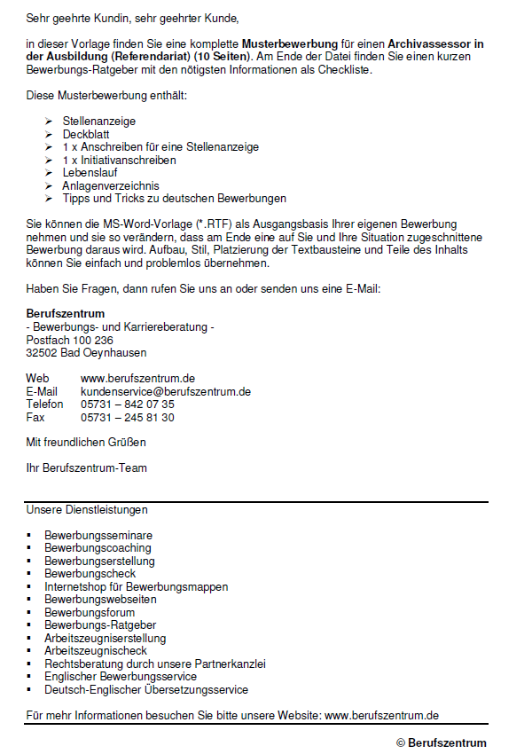 Bewerbung - Archivassesor - Referendariat (Ausbildung) - Sofort-Download