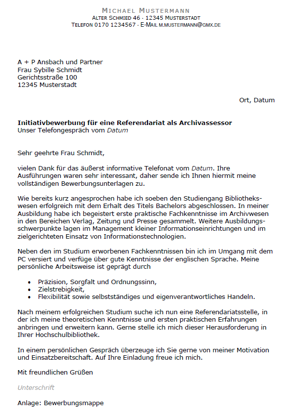 Bewerbung - Archivassesor - Referendariat (Ausbildung) - Sofort-Download