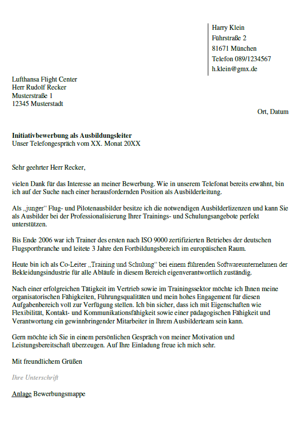 Darstellung der beispielhaften Initiativbewerbung