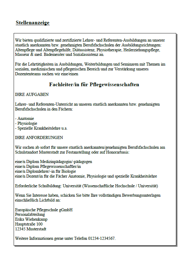 Auszug aus der ersten Seite der Stellenanzeige