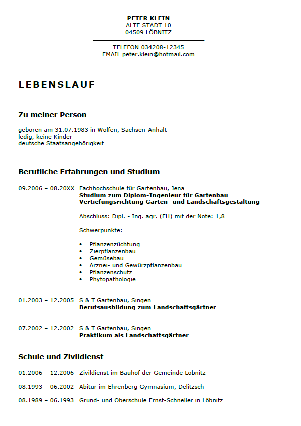 Möglicher Aufbau von einem Lebenslauf