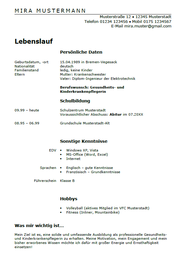 Möglicher Aufbau von einem Lebenslauf