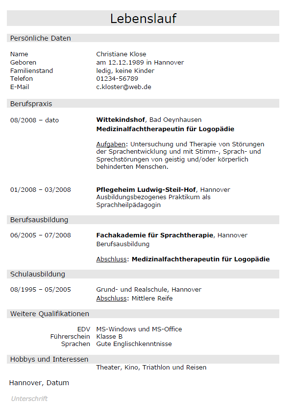 Beispiel eines Lebenslaufes