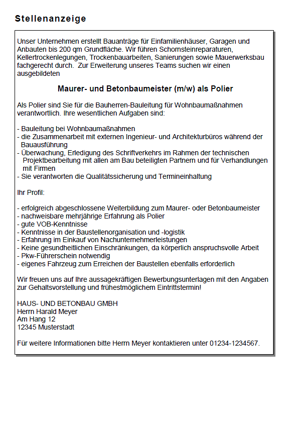 Mögliches Beispiel einer Stellenausschreibung