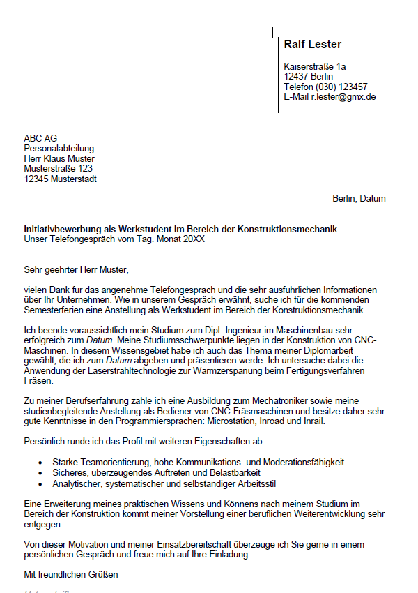 Initiativbewerbung Werkstudent