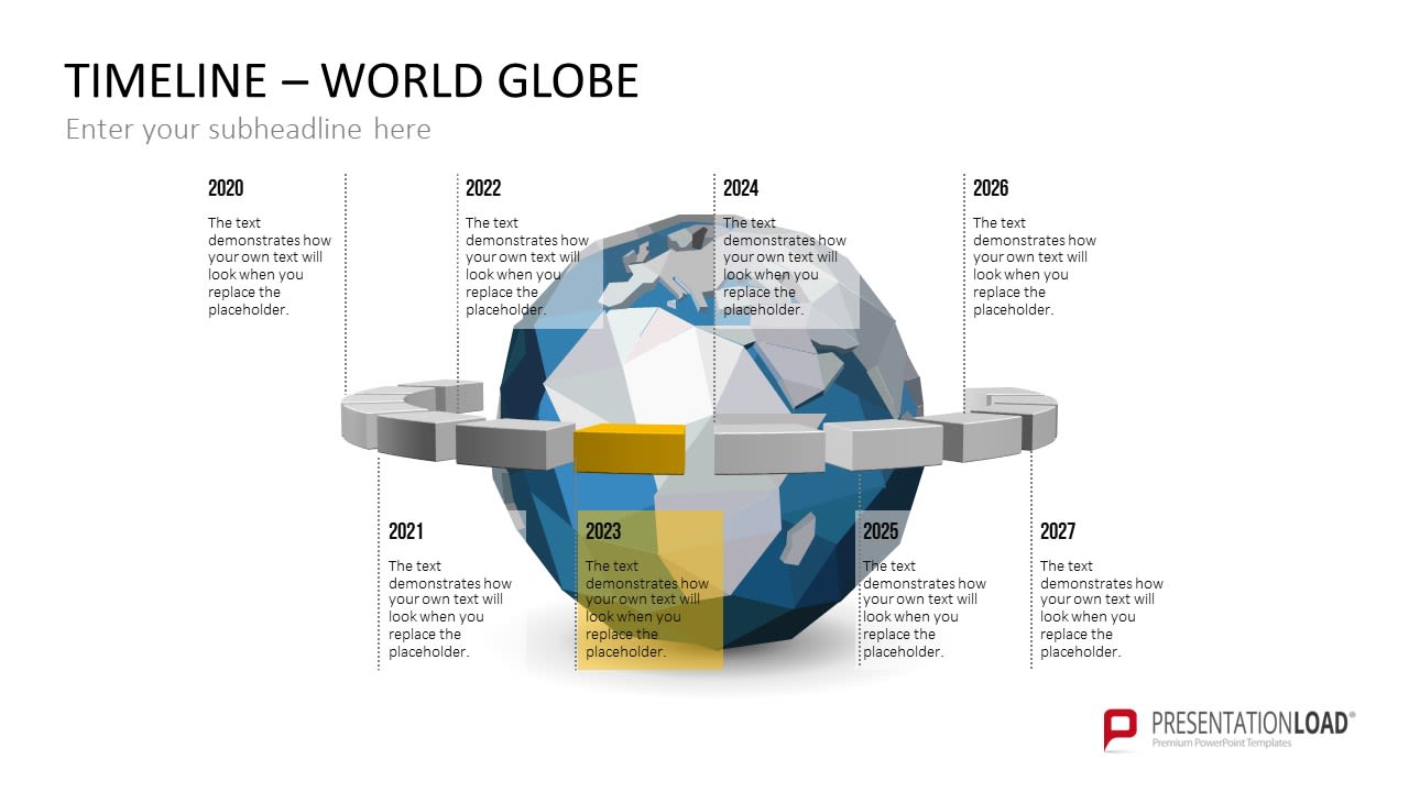 Die Folie zeigt einen Globus mit 8 Textfeldern für Jahreszahlen und weiteren Beschreibungsmöglichkeiten