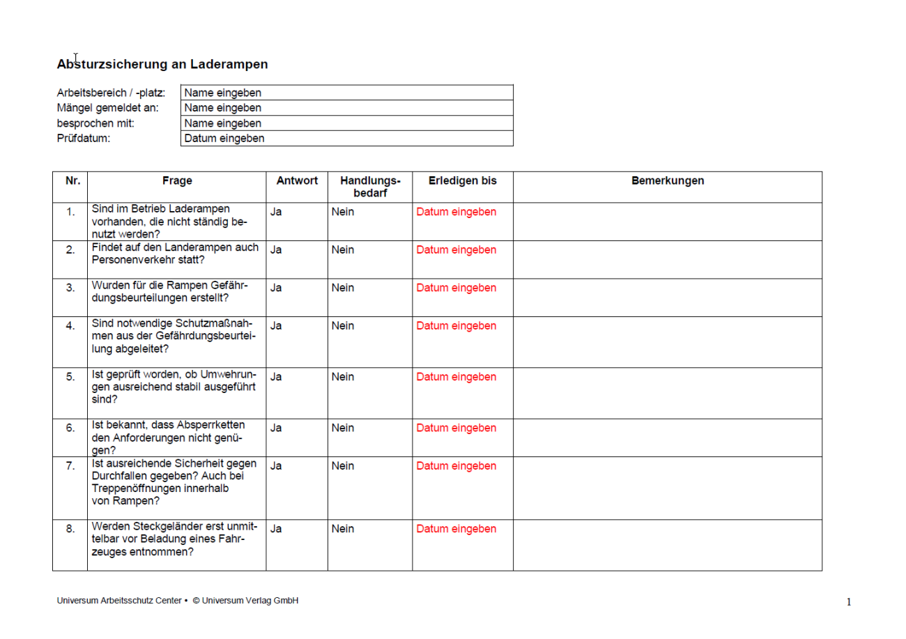 Erste Seite der Checkliste Absturzsicherung Laderampe.