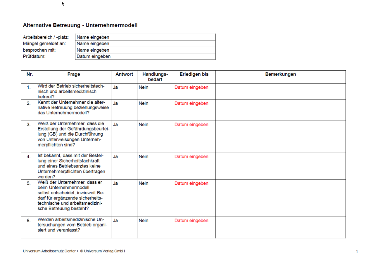 Erste Seite der Checkliste alternative Betreuung