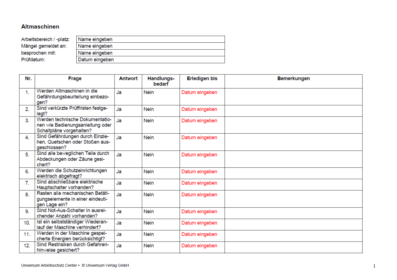 Erste Seite der Checkliste Altmaschine. 