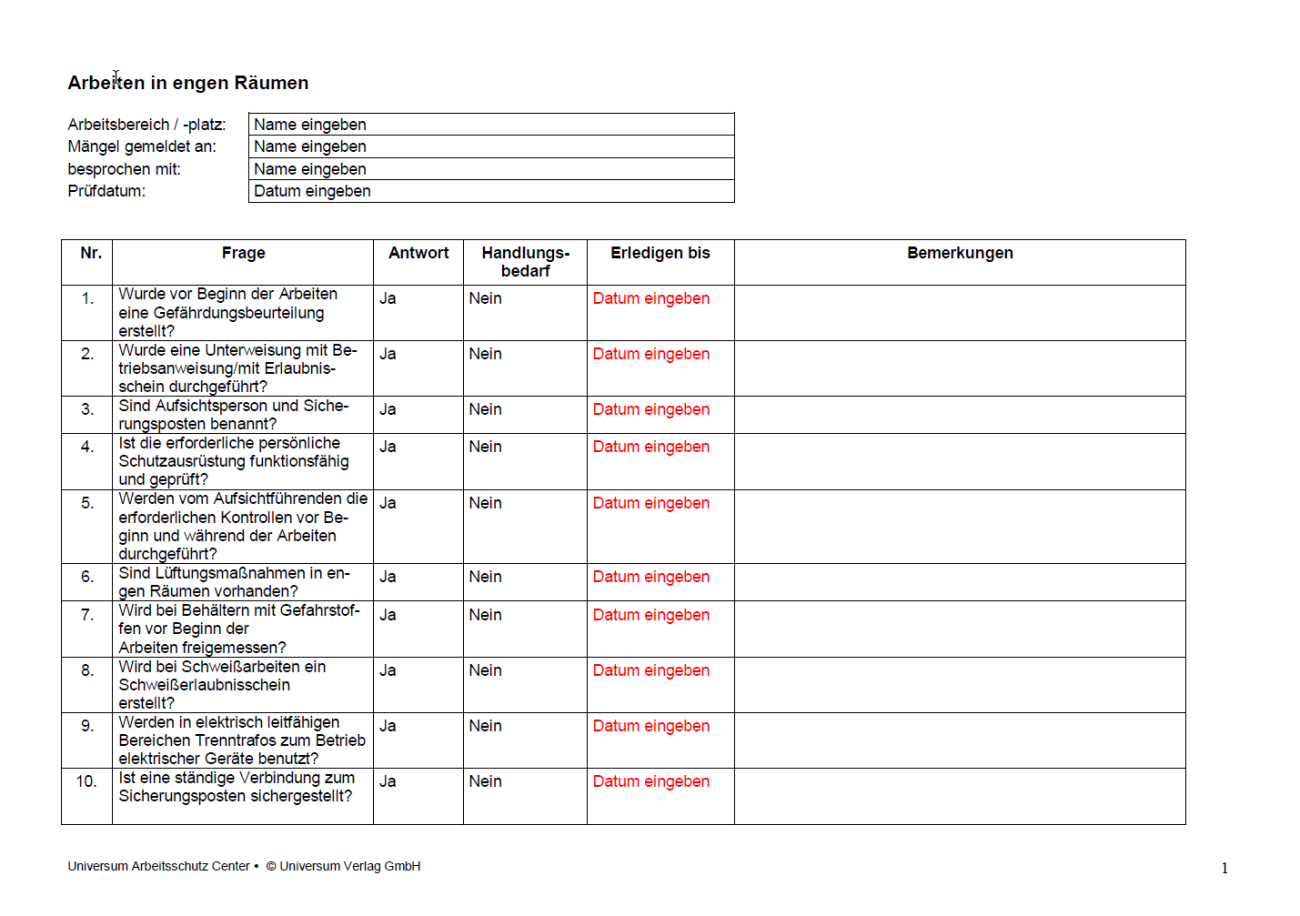 Erste Seite der Checkliste in engen Räumen.