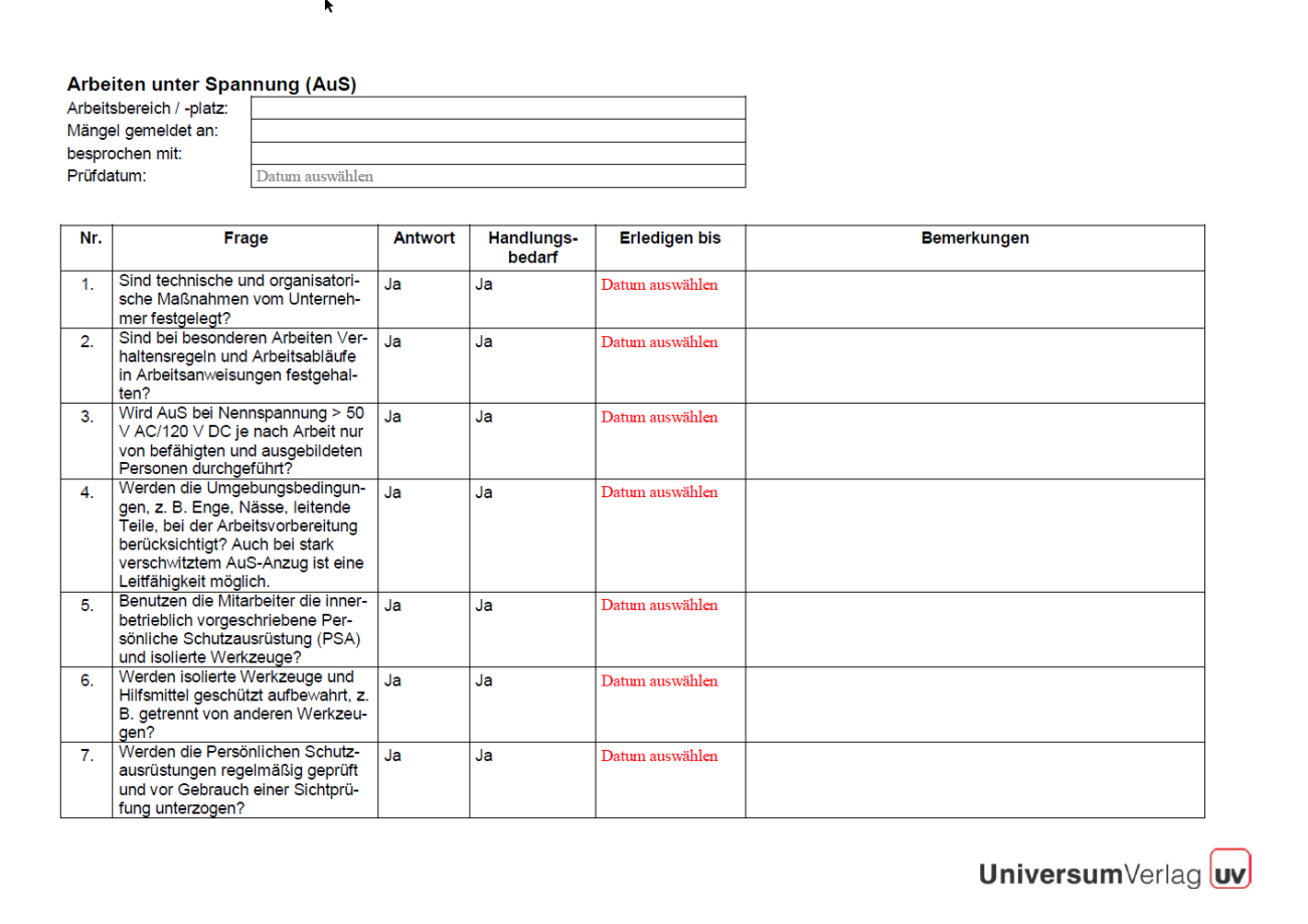 Erste Seite der Checkliste Arbeiten unter Spannung