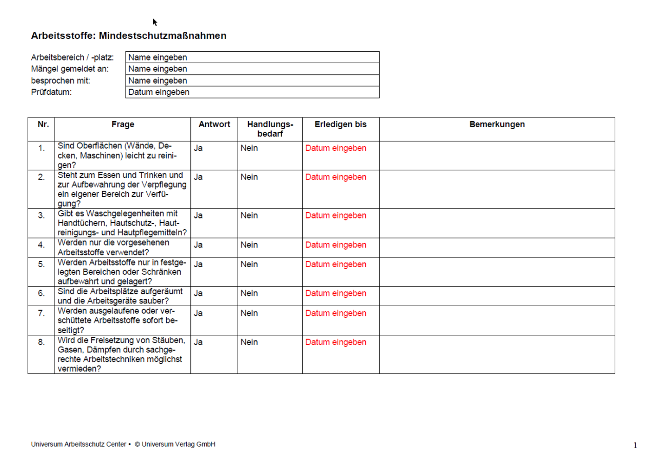 Erste Seite Checkliste Arbeitsstoffe Mindestschutzmaßnahmen