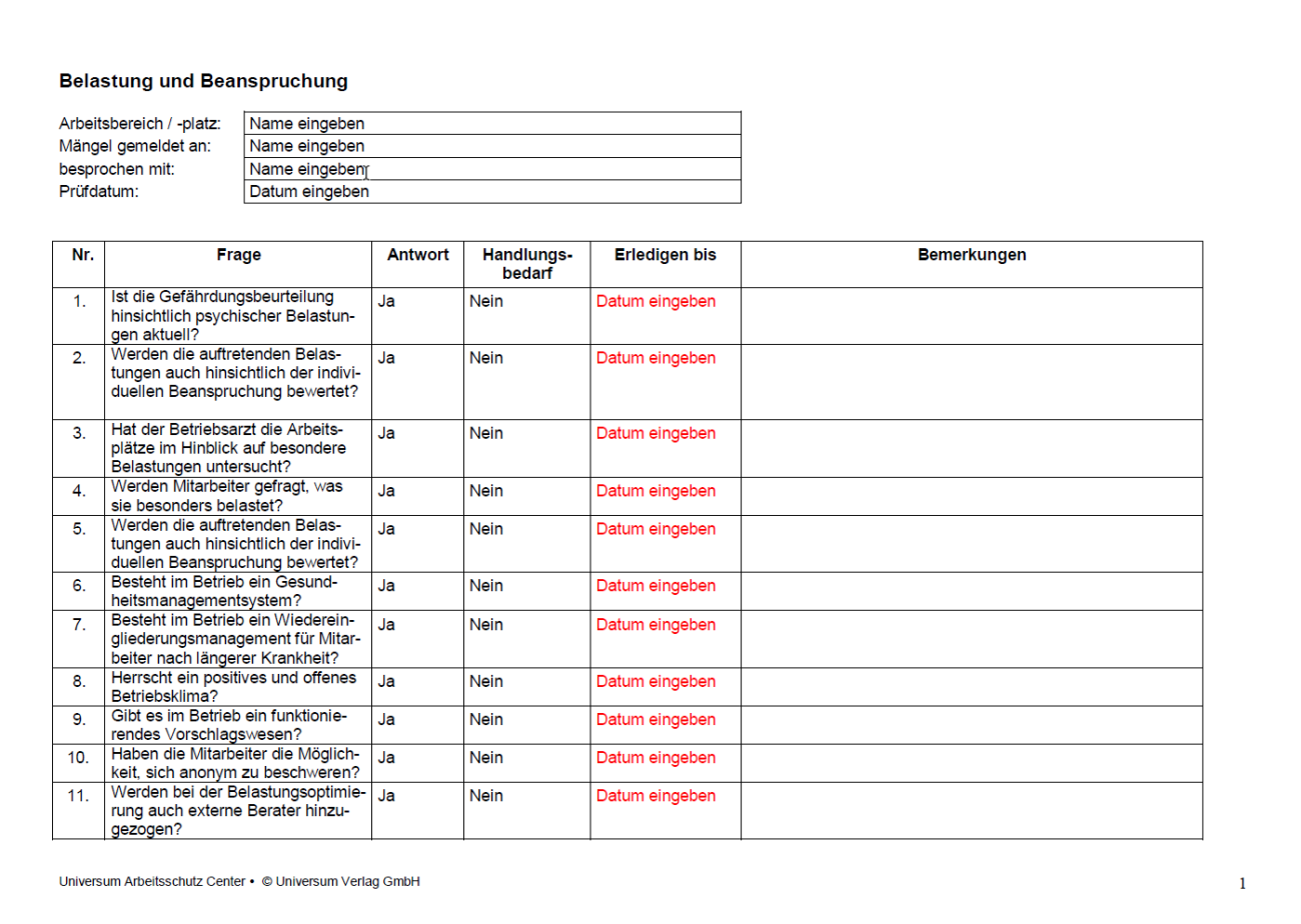 Erste Seite der Checkliste Belastung und Beanspruchung