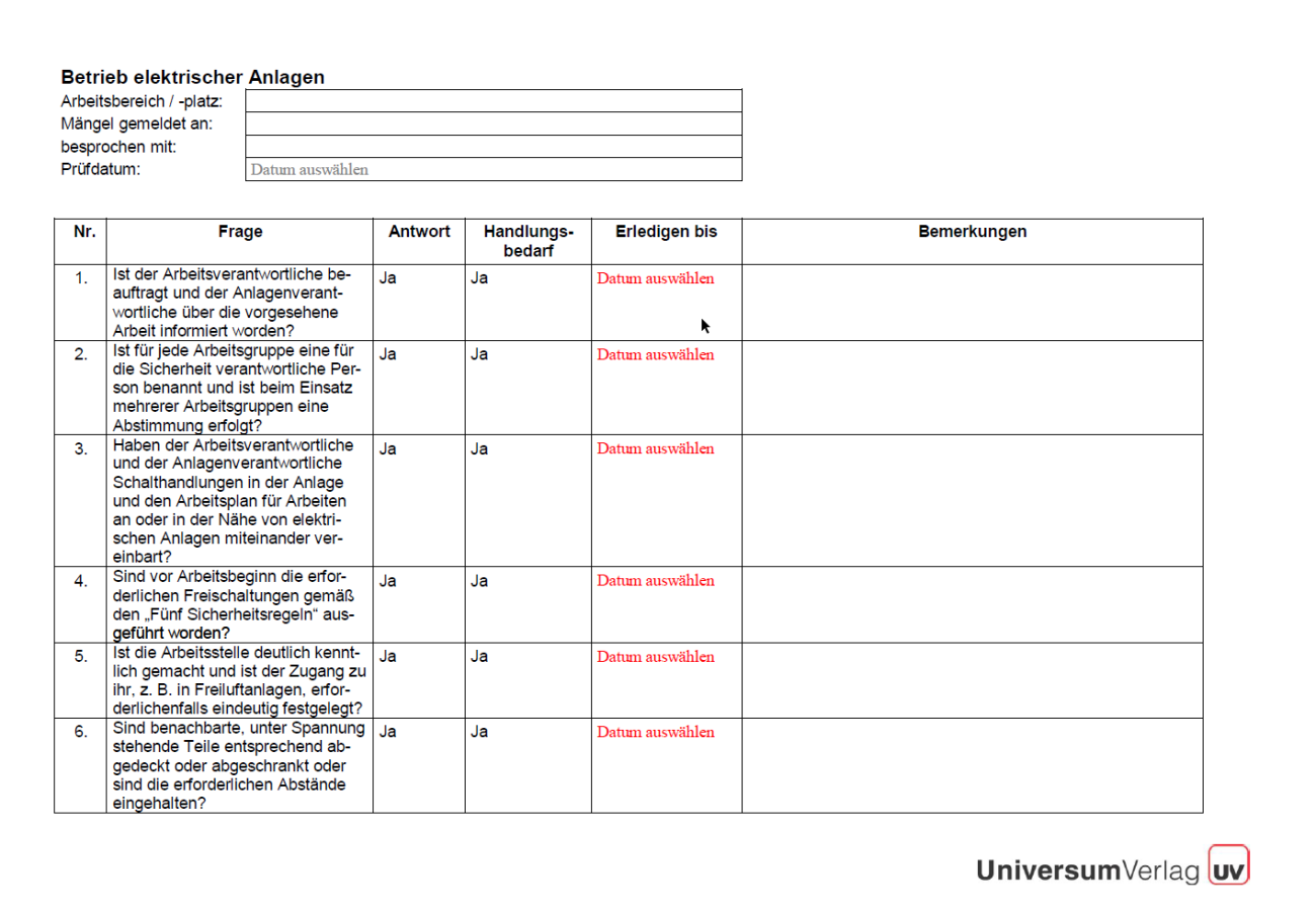 Erste Seite der Checkliste elektrische Anlagen.