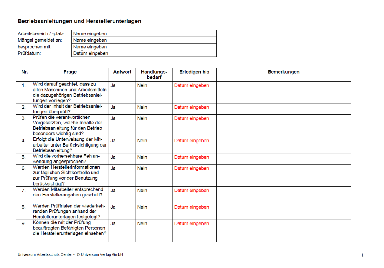 Erste Seite der Checkliste Betriebsanleitung und Herstellerunterlagen.