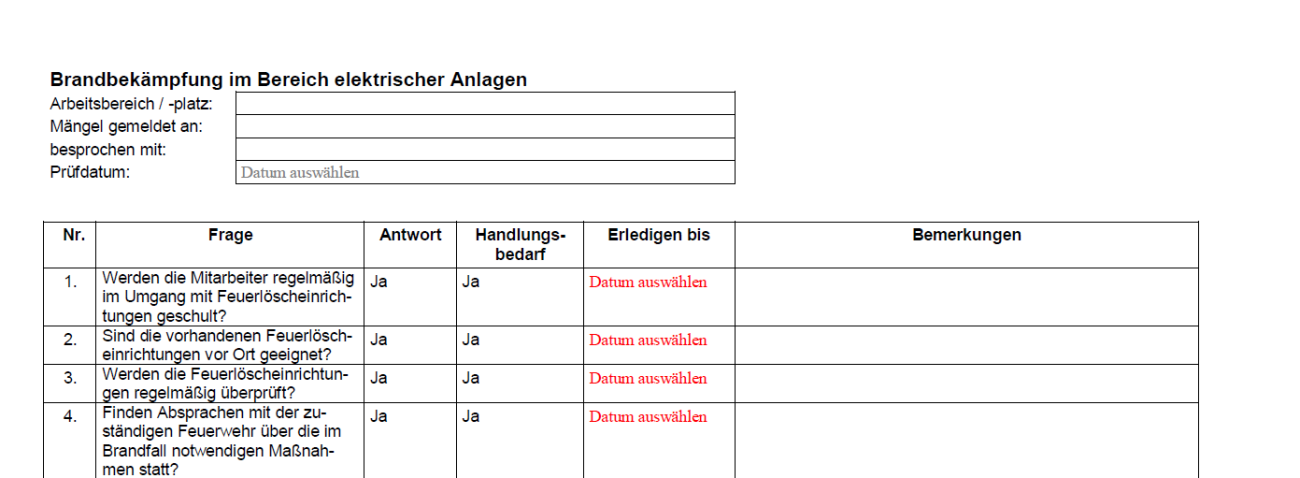 Erste Seite Checkliste Brandbekämpfung im Bereich elektrischer Anlagen.