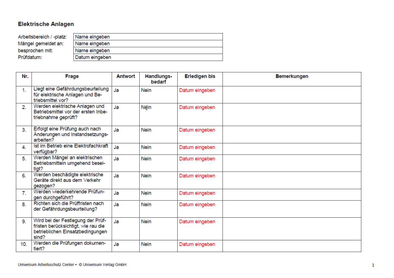 Erste Seite der Checkliste elektrische Anlagen.