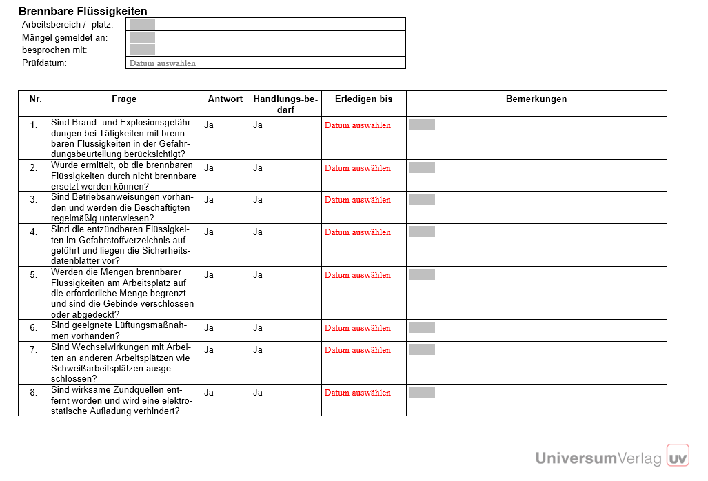 Vorschau über die Checkliste für brennbare Flüssigkeiten