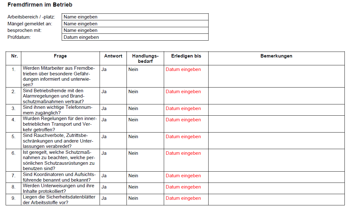 Vorschau der Checkliste für Fremdfirmen im Betrieb 