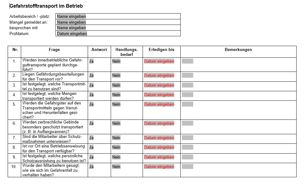 Überblick über die Checkliste für die Verwendung von Gefahrstoffen im Betrieb