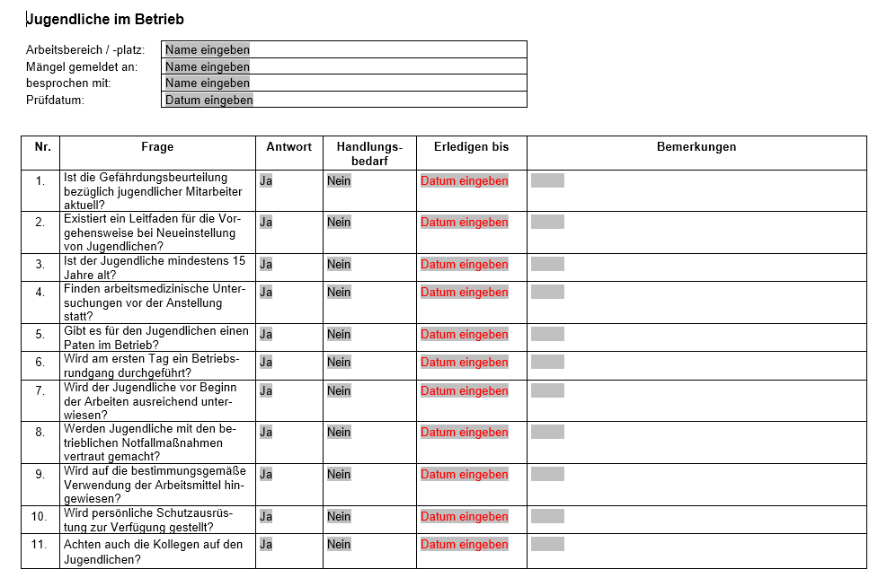 Vorschau über die Checkliste Jugendliche im Betrieb