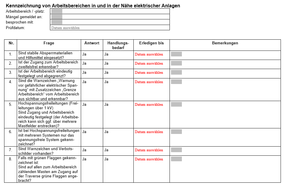 Vorschau der Checkliste zur richtigen Kennzeichnung von Arbeitsbereichen in und in der Nähe elektrischer Anlagen