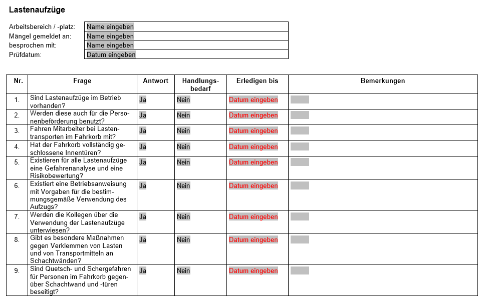 Vorschau der Checkliste für Lastenaufzüge