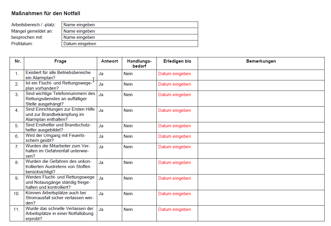 Vorschau der Checkliste Maßnahmen für den Notfall