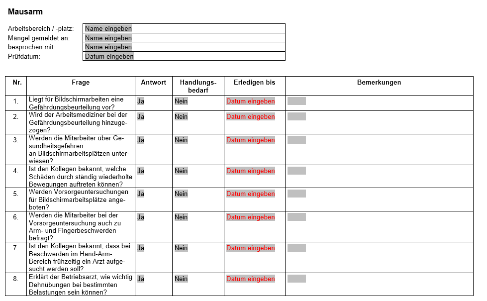 Vorschau der Checkliste für einen Mausarm