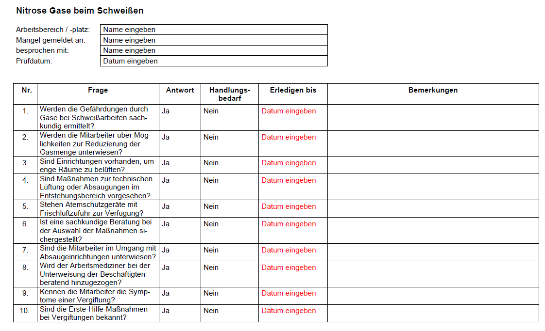 Vorschau der Checkliste für Nitrose Gase beim Schweißen