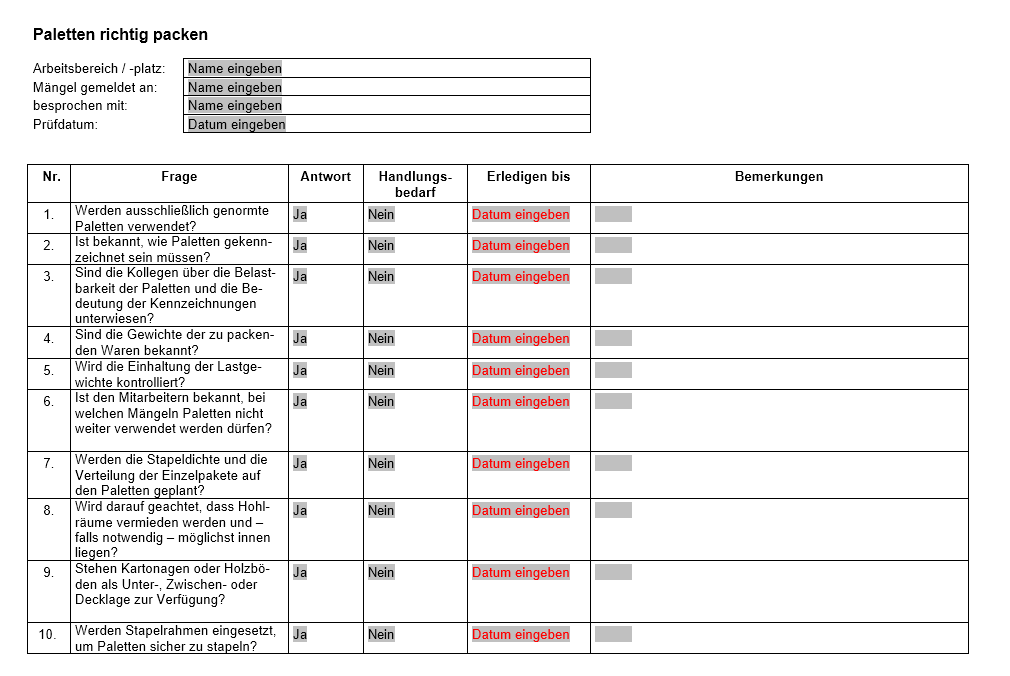 Vorschau der Checkliste für das richtige Packen von Paletten