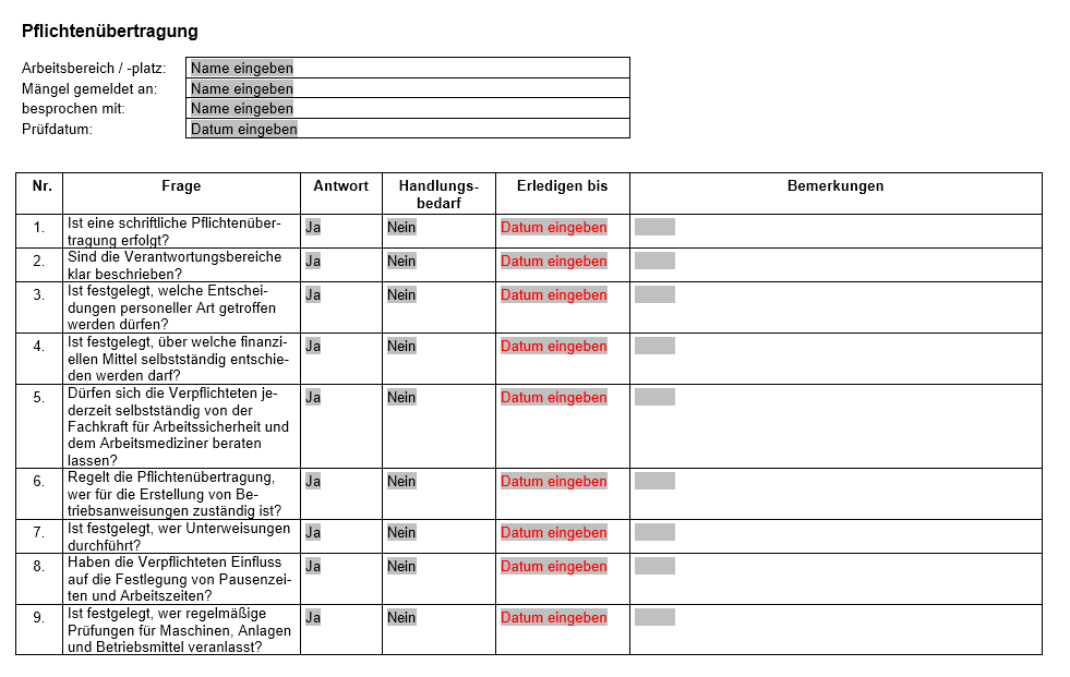 Vorschau der Checkliste für die Übertragung von Pflichten