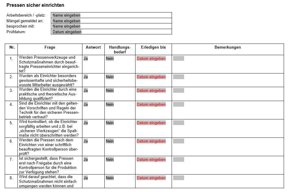 Vorschau der Checkliste zum sicheren Einrichten von Pressen