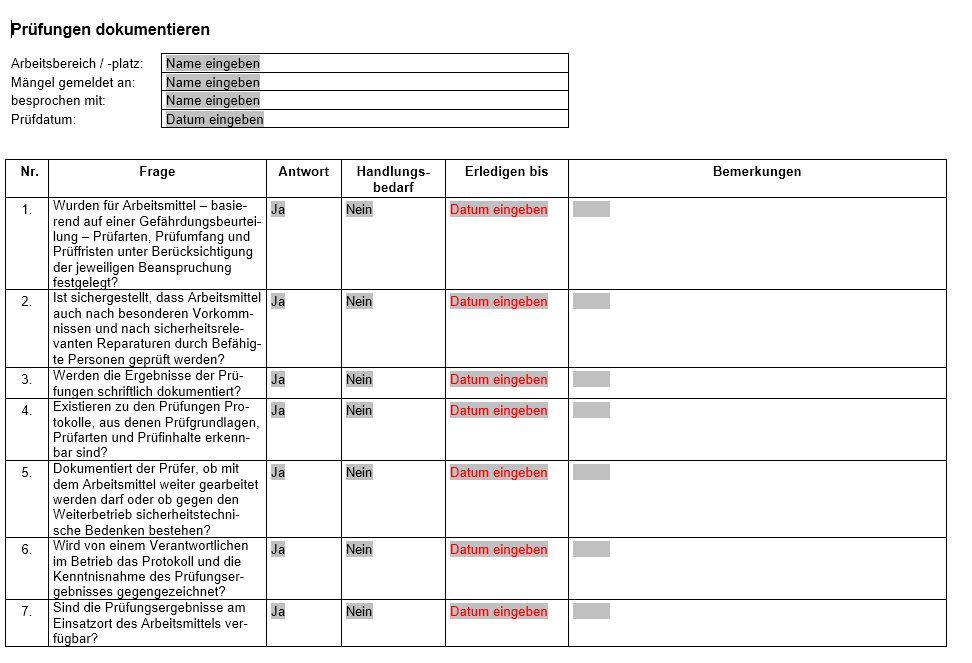 Vorschau der Checkliste zur richtigen Dokumentation von Prüfungen