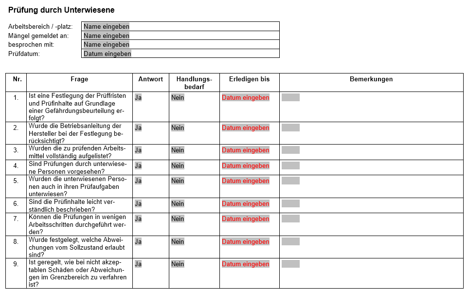 Vorschau der Checkliste für die Prüfung durch Unterwiesene