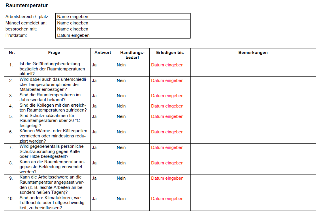 Vorschau der Checkliste für die richtige Raumtemperatur