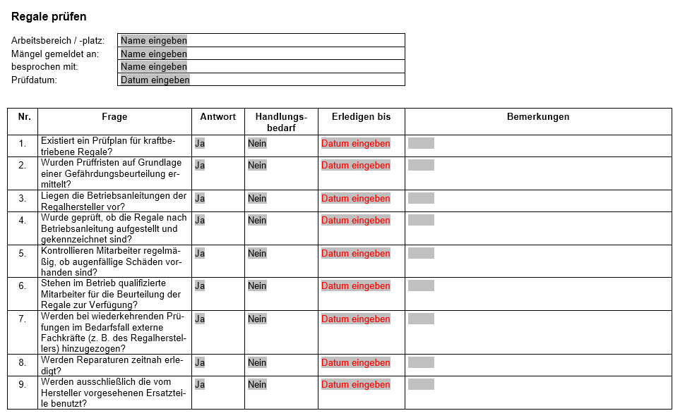 Vorschau der Checkliste zum richtigen Prüfen der Regale