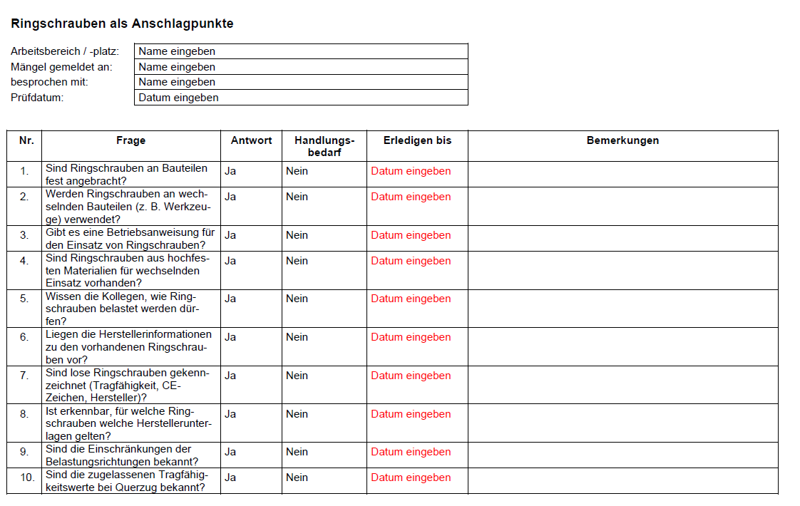 Vorschau der Checkliste für die Verwendung von Ringschrauben als Rettungsanker