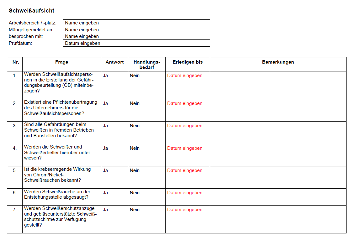 Vorschau der Checkliste für Schweißaufsicht 