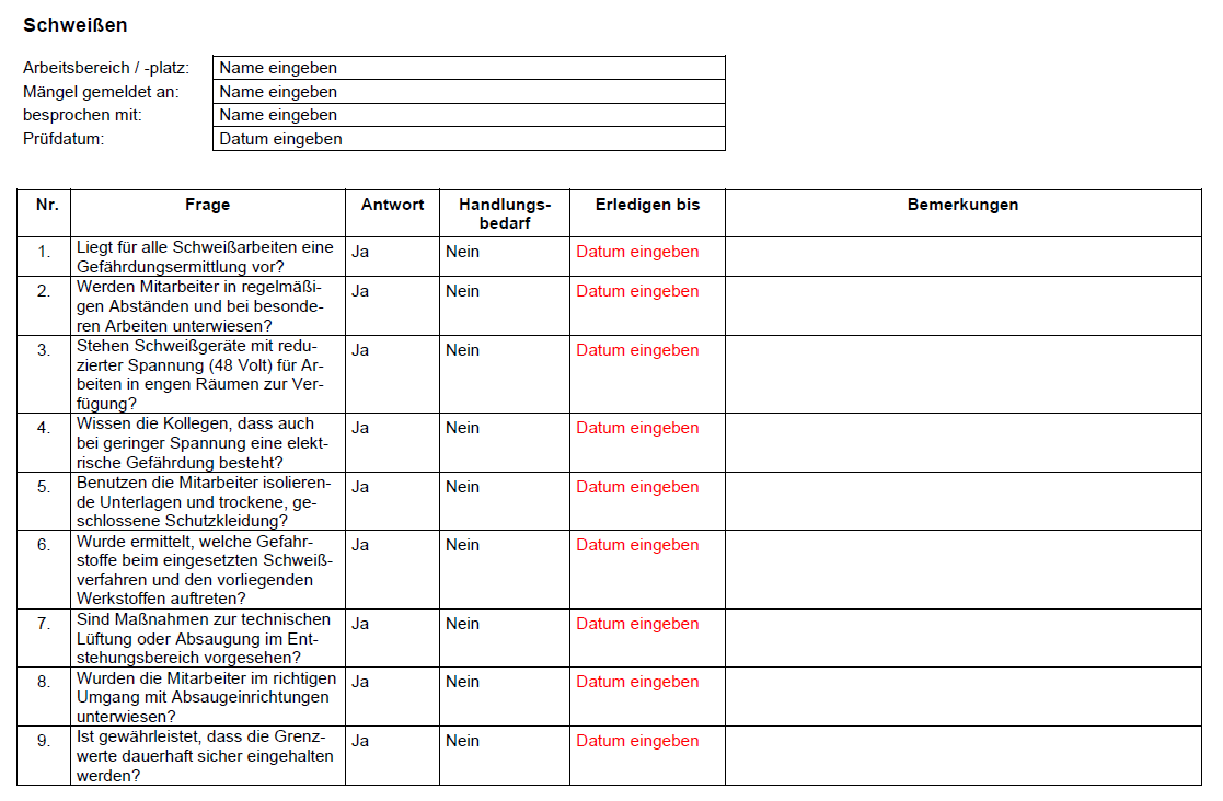 Vorschau der Checkliste für sachgemäßes Schweißen