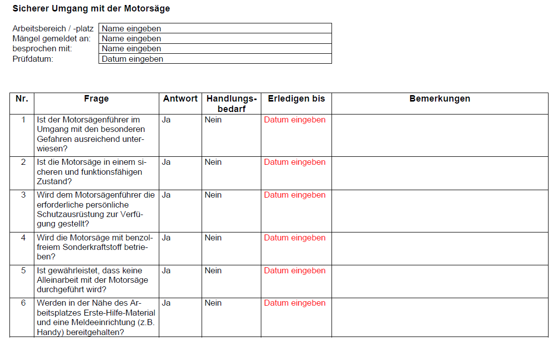 Vorschau der Checkliste für den sicheren Umgang mit der Motorsäge 