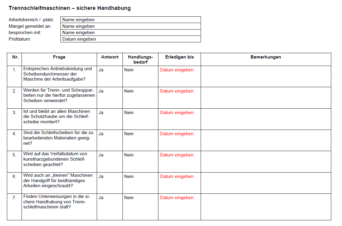 Vorschau der Checkliste für die sichere Handhabung von Trennschleifmaschinen 