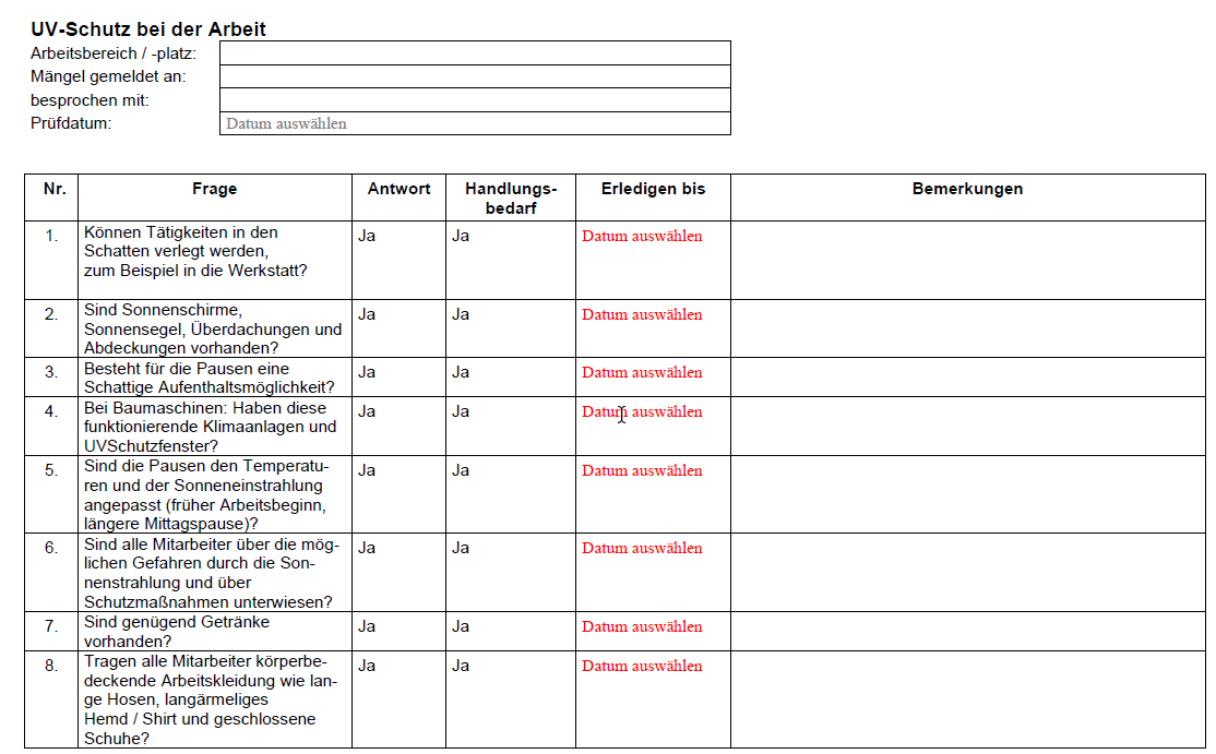 Vorschau der Checkliste für den richtigen UV SChutz bei der Arbeit