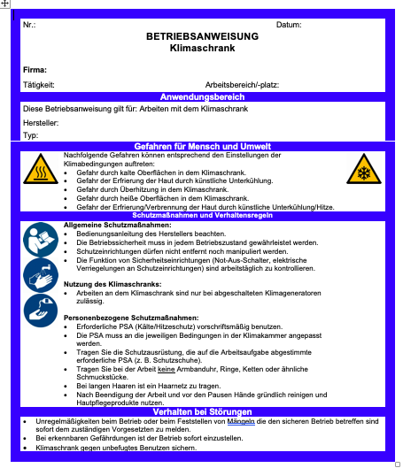 Vorschau der Betriebsanweisung