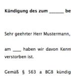 Nach dem Tod eines Mitmieters besteht für den überlebenden Mieter die Möglichkeit einen befristeten Mietvertrag (Laufzeit auf bestimmte Zeit) innerhalb einer einmonatigen Kündigungsfrist, nach Kenntnis des Todes, zu kündigen.