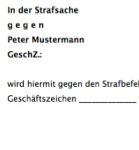 Die Vorlage enthält ein Muster für die Einlegung des Einspruchs gegen einen Strafbefehl.